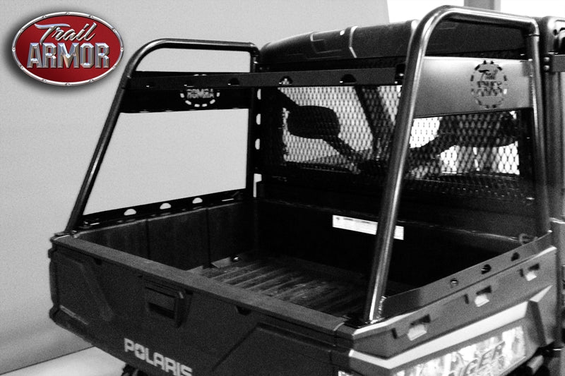 Trail Armor Polaris Ranger large rear storage rack, rear view above dump bed with mesh floor