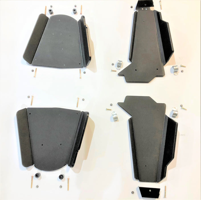 Trail Armor A-arm guards for a Polaris Ranger XP 1000 shown unassembled with hardware