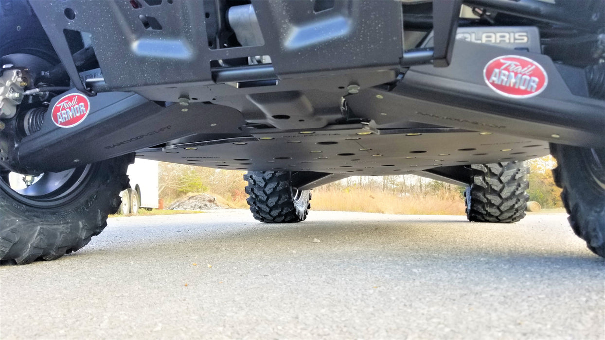 Trail Armor rear A-arm guards with logo installed on a Polaris Ranger XP 1000 UTV