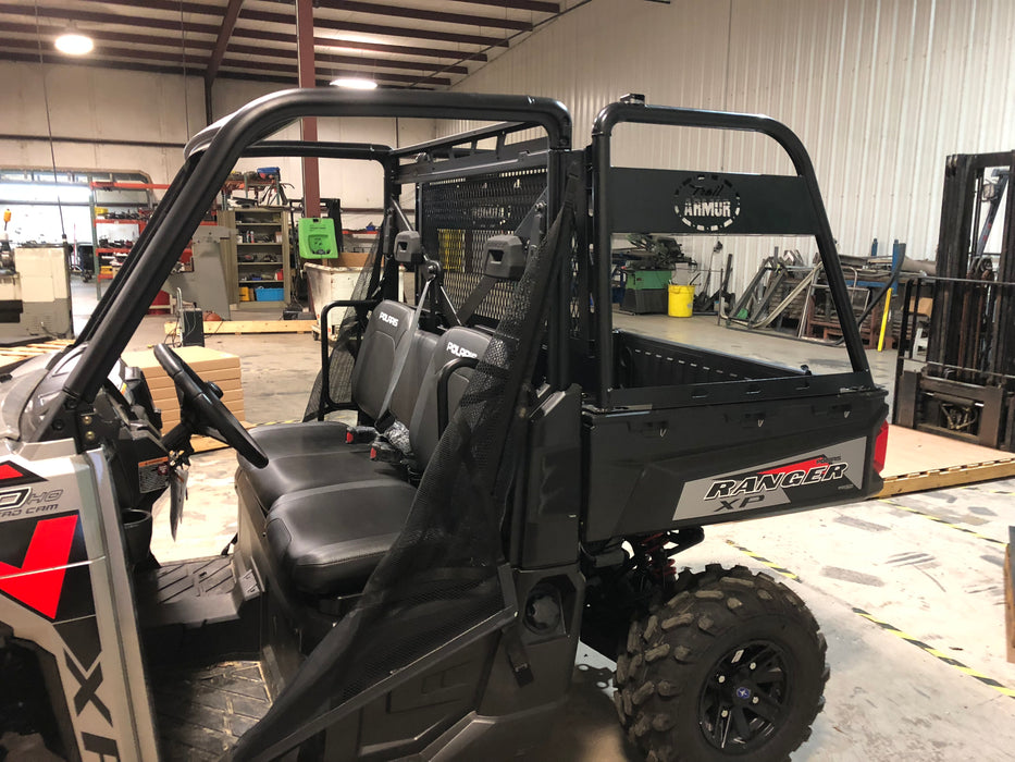 Trail Armor rear storage rack with logo installed on a Polaris Ranger XP UTV