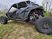 Trail Armor full skid plate on black Polaris RZR Pro R 4, rear angle view