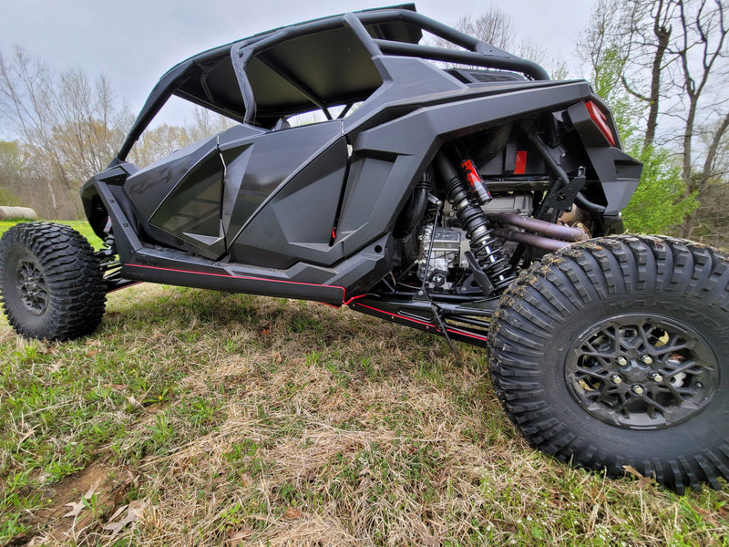 Trail Armor full skid plate on black Polaris RZR Pro R 4, rear angle view