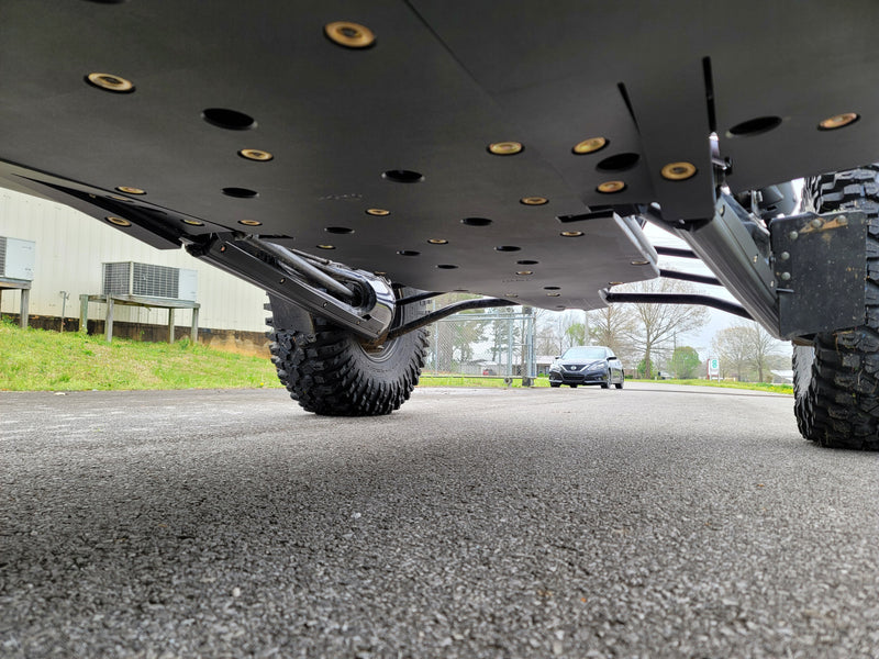 Close-up underside view of Trail Armor skid plate on Polaris RZR Pro R 4