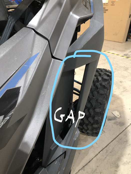 Rear view of fender gap on Polaris RZR Pro XP body panel near rear wheel