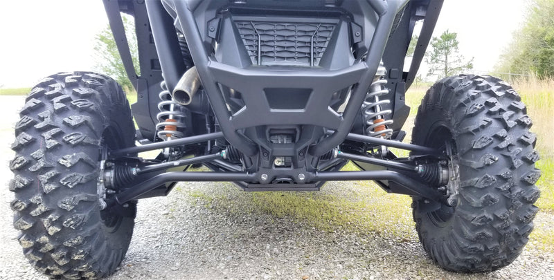 Rear suspension and A-arms on Polaris RZR XP Pro 4 with Trail Armor skid plate