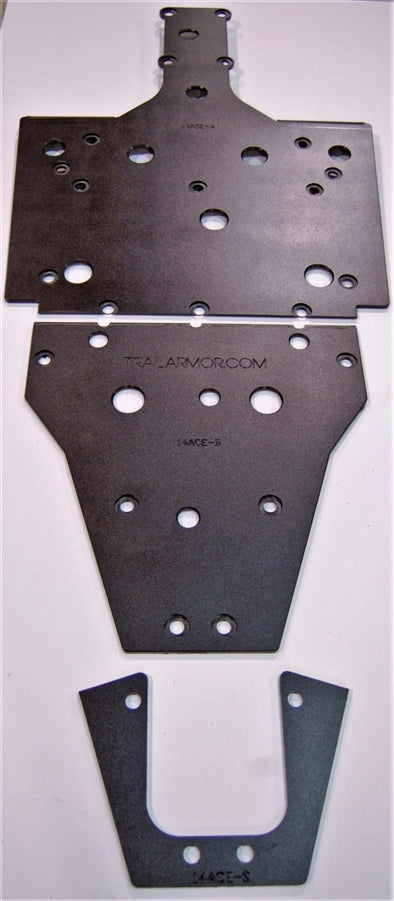 Trail Armor skid plate components for a Polaris Sportsman ACE shown unassembled