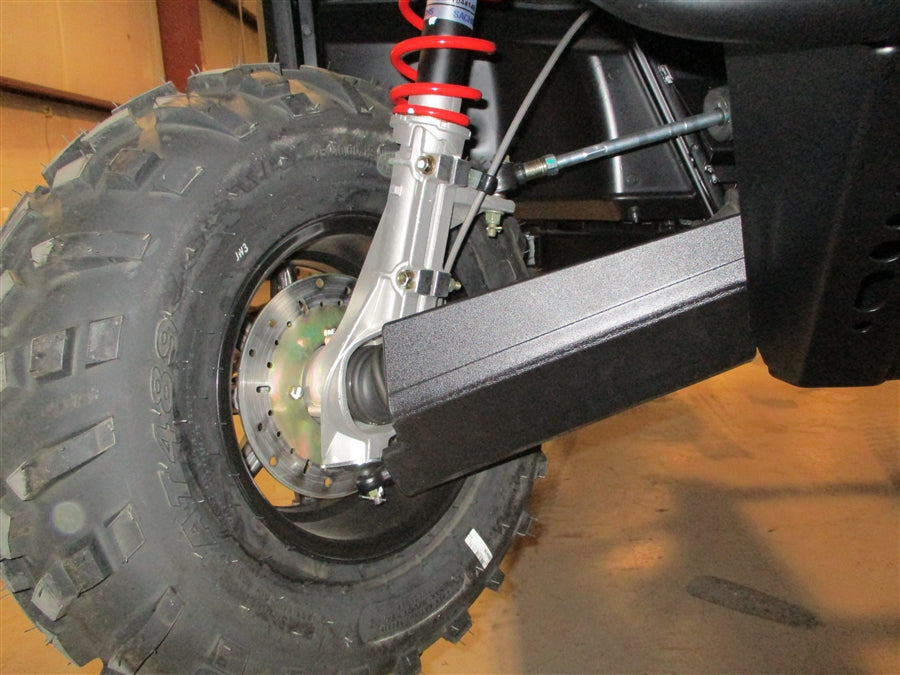 Trail Armor Ranger 570 Crew A-Arm guard installed, front wheel and suspension view