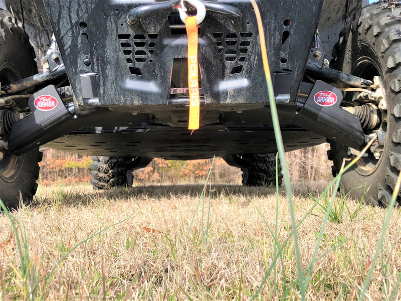 Trail Armor Ranger XP 1000 factory arched A-Arm guard front underside view, dual logo badges