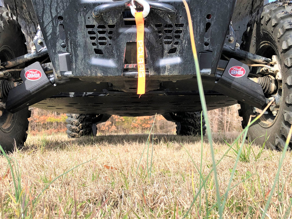 Trail Armor Ranger XP 1000 factory arched A-Arm guard front underside view, dual logo badges