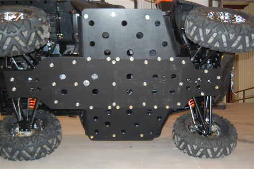 Trail Armor Ranger XP 800 full skid plate set installed, front to rear underside view