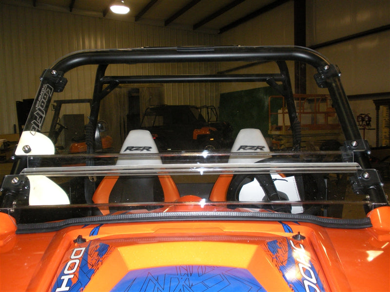 Trail Armor CoolFlo windshield with Fast Clamps mounted on Polaris RZR 800, XP 900, and 570 roll cage installed